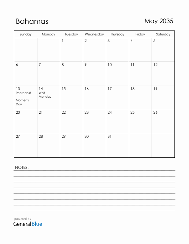 May 2035 Bahamas Calendar with Holidays (Sunday Start)