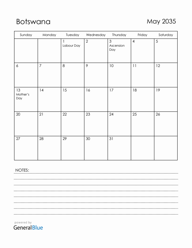May 2035 Botswana Calendar with Holidays (Sunday Start)