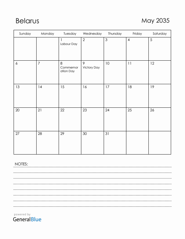 May 2035 Belarus Calendar with Holidays (Sunday Start)