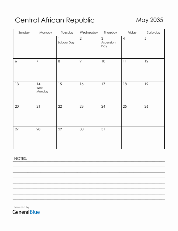 May 2035 Central African Republic Calendar with Holidays (Sunday Start)