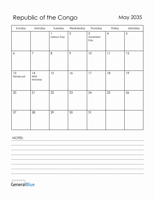 May 2035 Republic of the Congo Calendar with Holidays (Sunday Start)