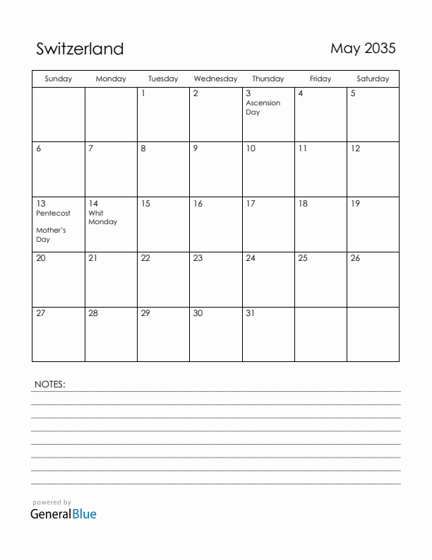 May 2035 Switzerland Calendar with Holidays (Sunday Start)