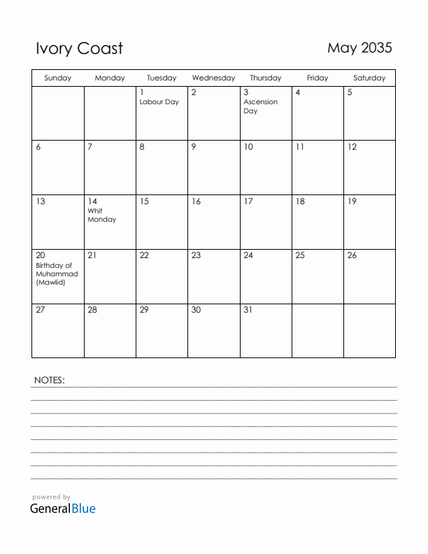 May 2035 Ivory Coast Calendar with Holidays (Sunday Start)