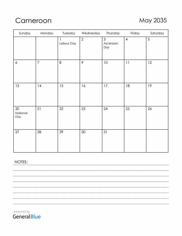 May 2035 Cameroon Calendar with Holidays (Sunday Start)