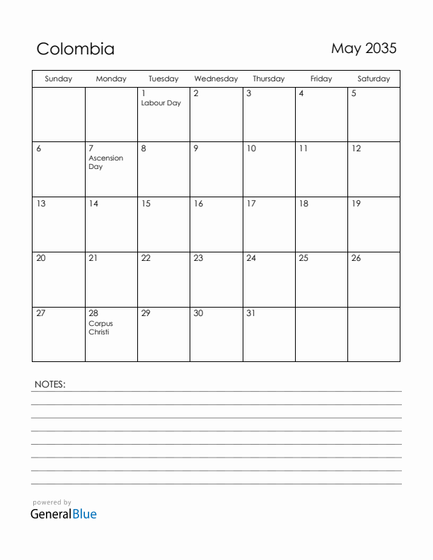 May 2035 Colombia Calendar with Holidays (Sunday Start)
