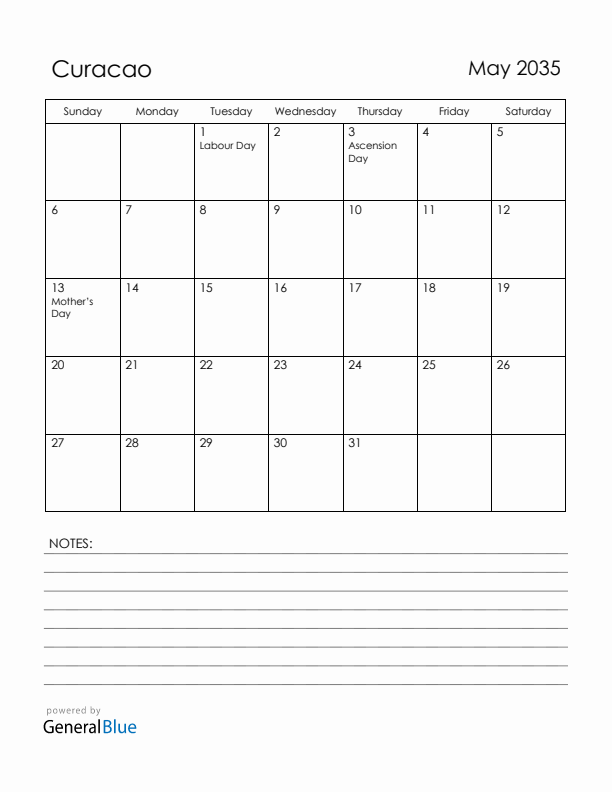 May 2035 Curacao Calendar with Holidays (Sunday Start)