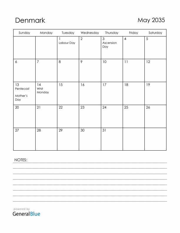 May 2035 Denmark Calendar with Holidays (Sunday Start)