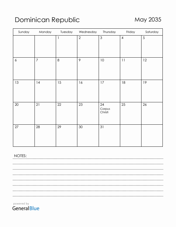 May 2035 Dominican Republic Calendar with Holidays (Sunday Start)