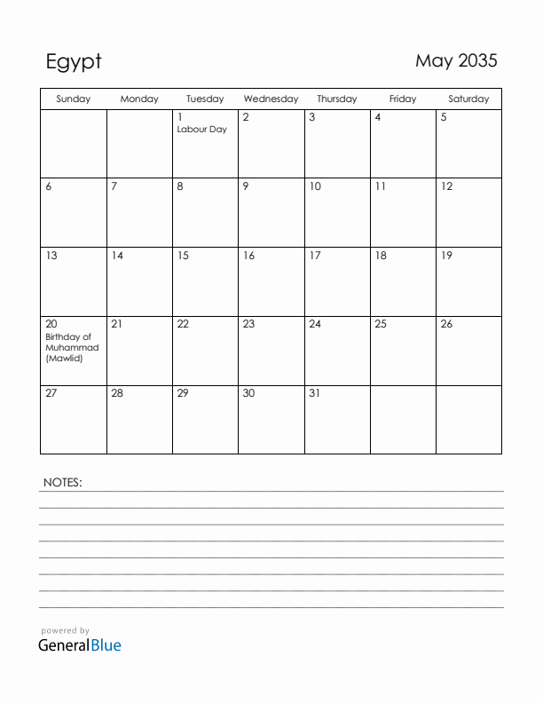 May 2035 Egypt Calendar with Holidays (Sunday Start)