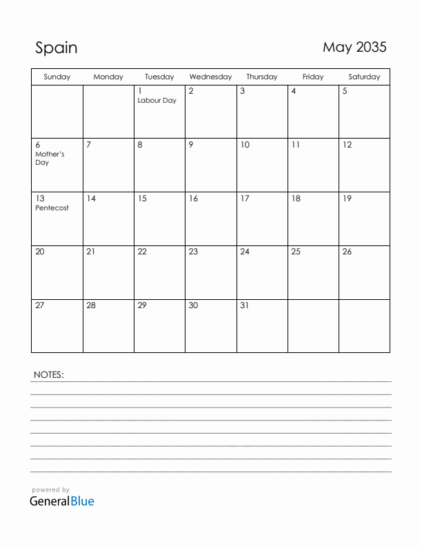 May 2035 Spain Calendar with Holidays (Sunday Start)