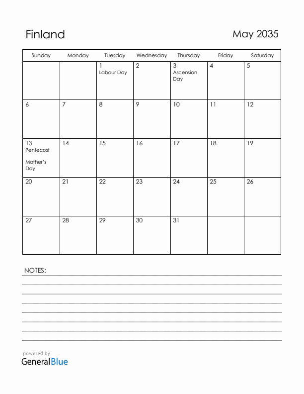 May 2035 Finland Calendar with Holidays (Sunday Start)