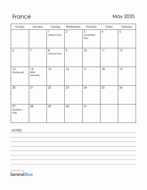 May 2035 France Calendar with Holidays (Sunday Start)