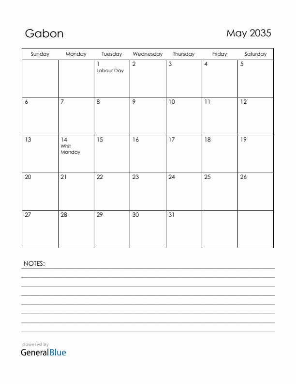 May 2035 Gabon Calendar with Holidays (Sunday Start)