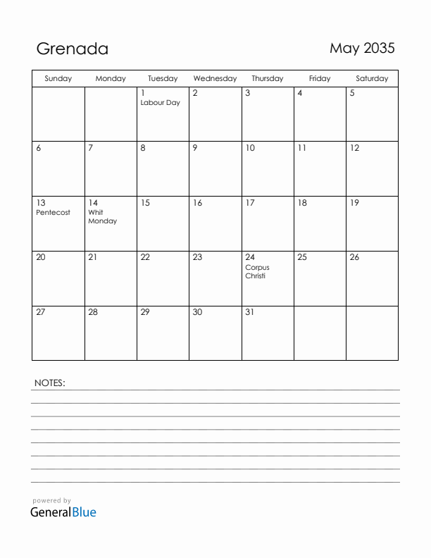 May 2035 Grenada Calendar with Holidays (Sunday Start)