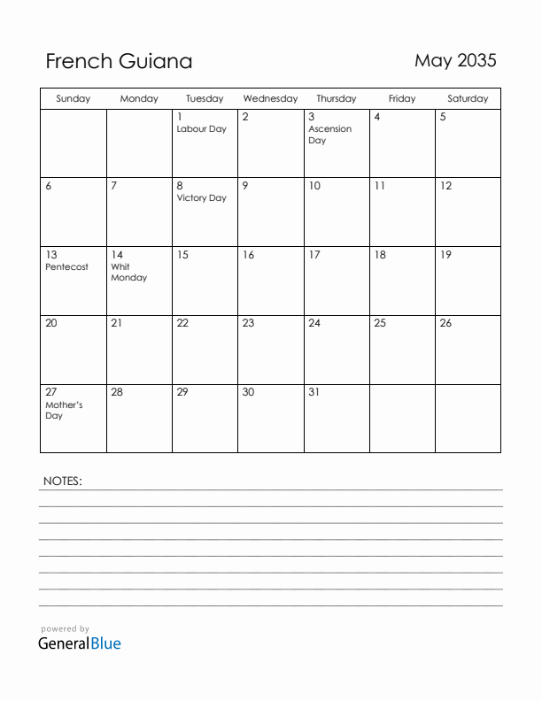 May 2035 French Guiana Calendar with Holidays (Sunday Start)