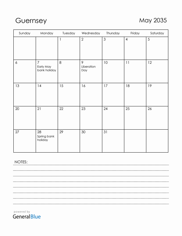 May 2035 Guernsey Calendar with Holidays (Sunday Start)