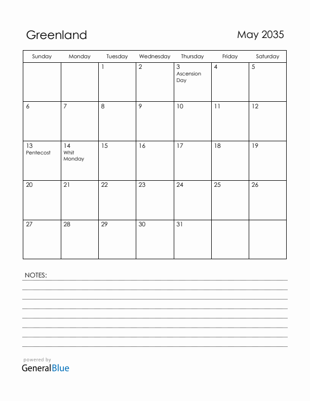 May 2035 Greenland Calendar with Holidays (Sunday Start)