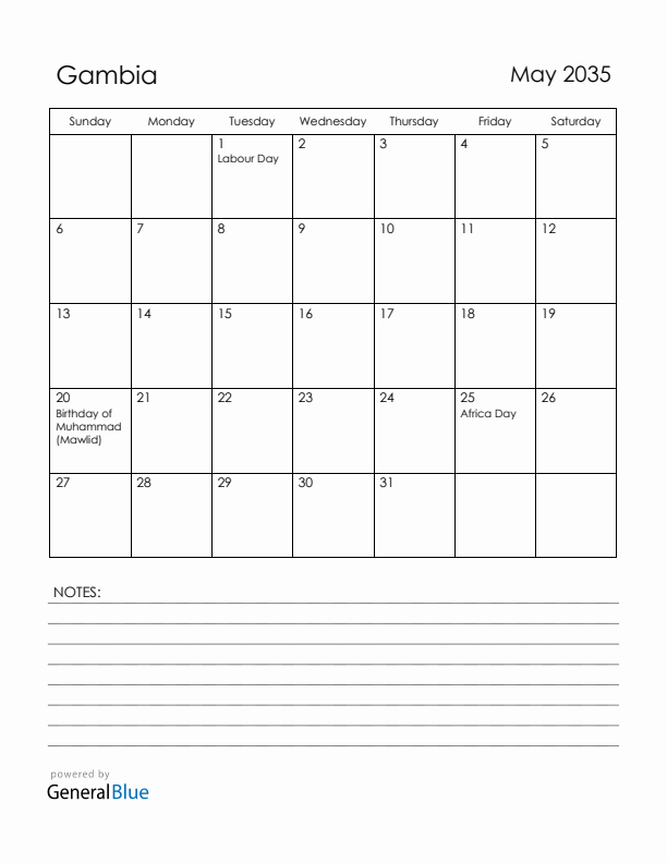 May 2035 Gambia Calendar with Holidays (Sunday Start)