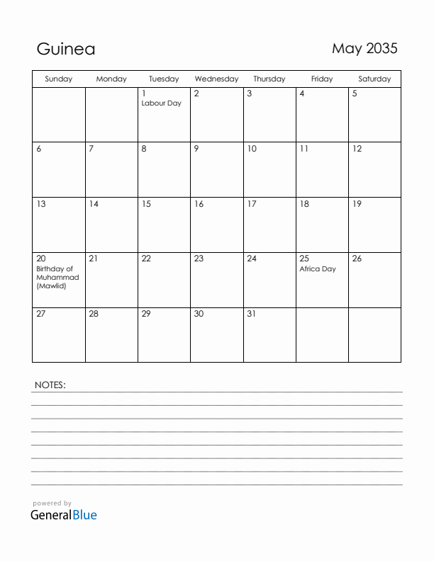 May 2035 Guinea Calendar with Holidays (Sunday Start)