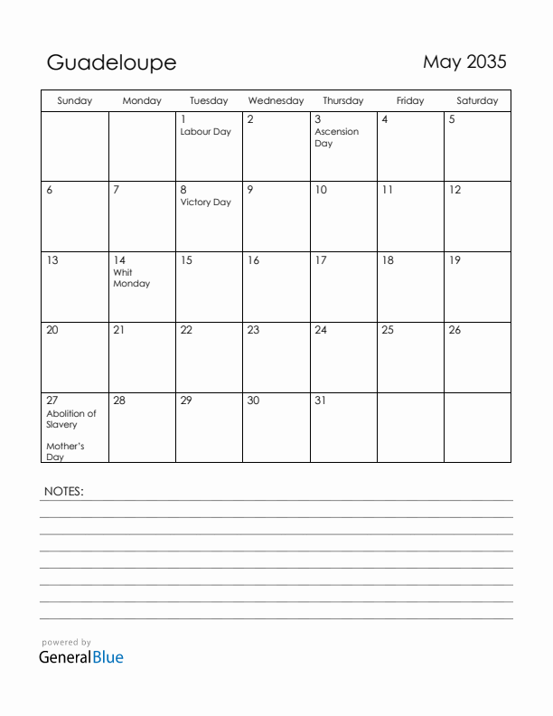May 2035 Guadeloupe Calendar with Holidays (Sunday Start)