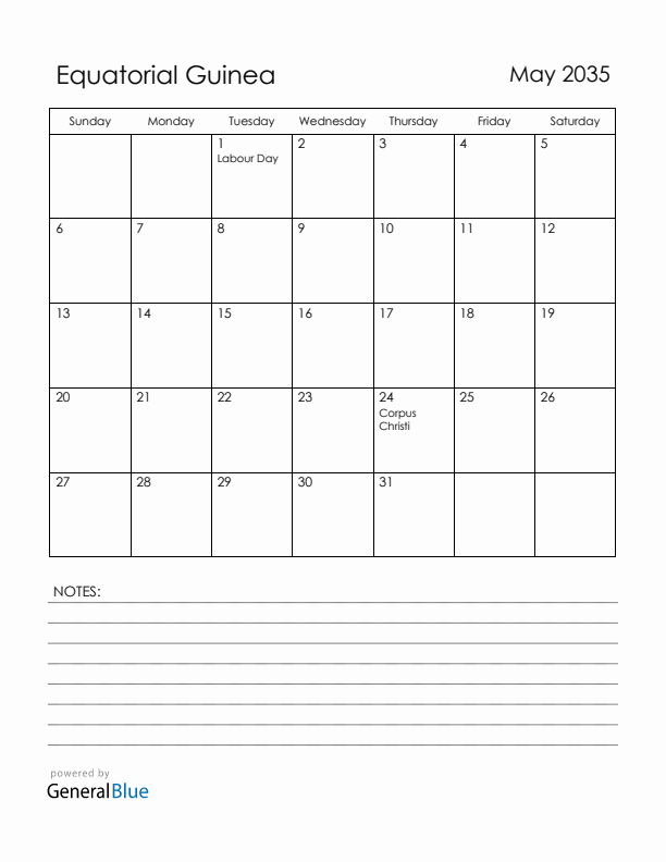 May 2035 Equatorial Guinea Calendar with Holidays (Sunday Start)