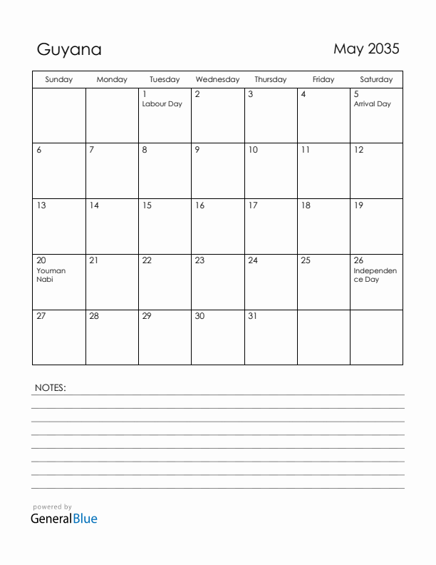 May 2035 Guyana Calendar with Holidays (Sunday Start)