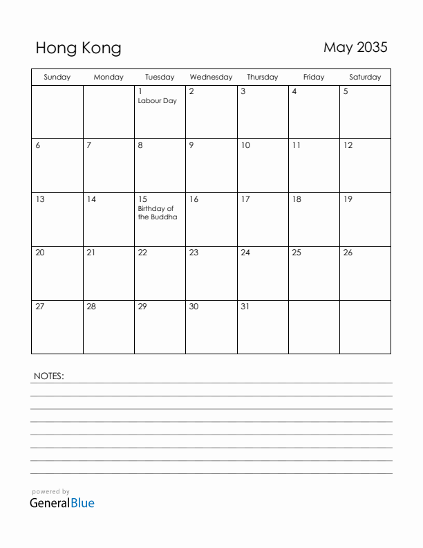 May 2035 Hong Kong Calendar with Holidays (Sunday Start)