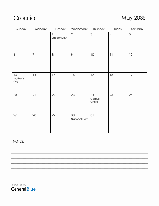 May 2035 Croatia Calendar with Holidays (Sunday Start)