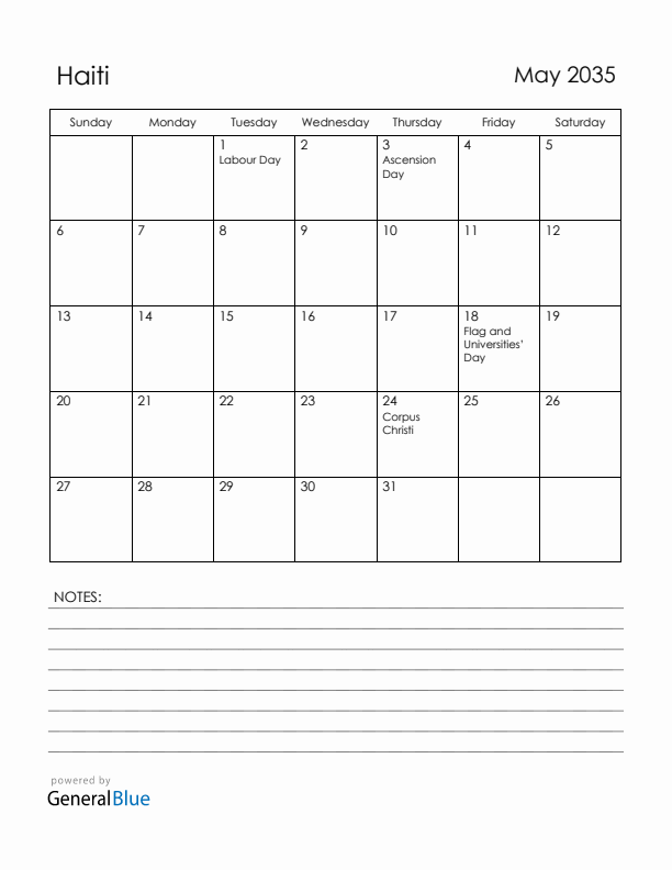 May 2035 Haiti Calendar with Holidays (Sunday Start)