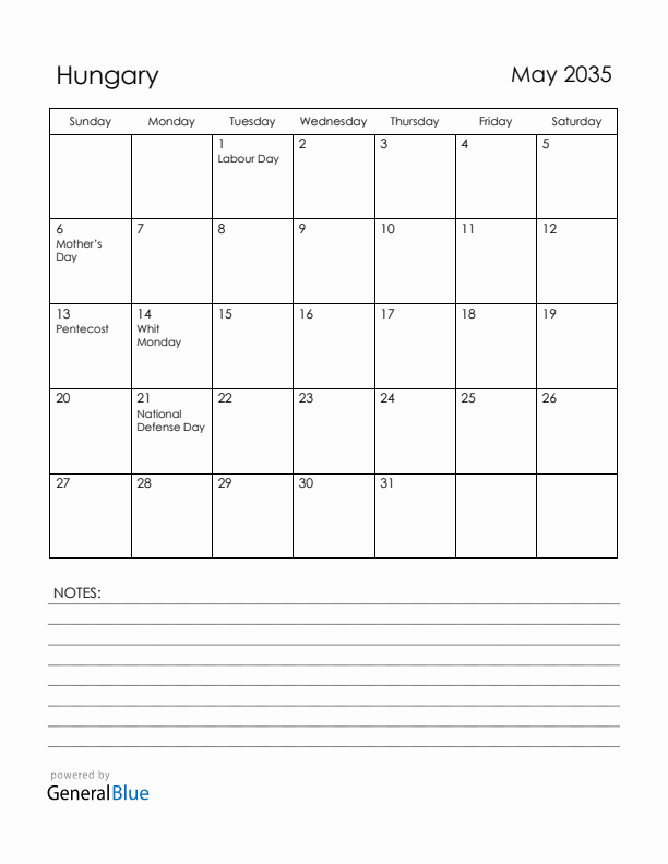 May 2035 Hungary Calendar with Holidays (Sunday Start)