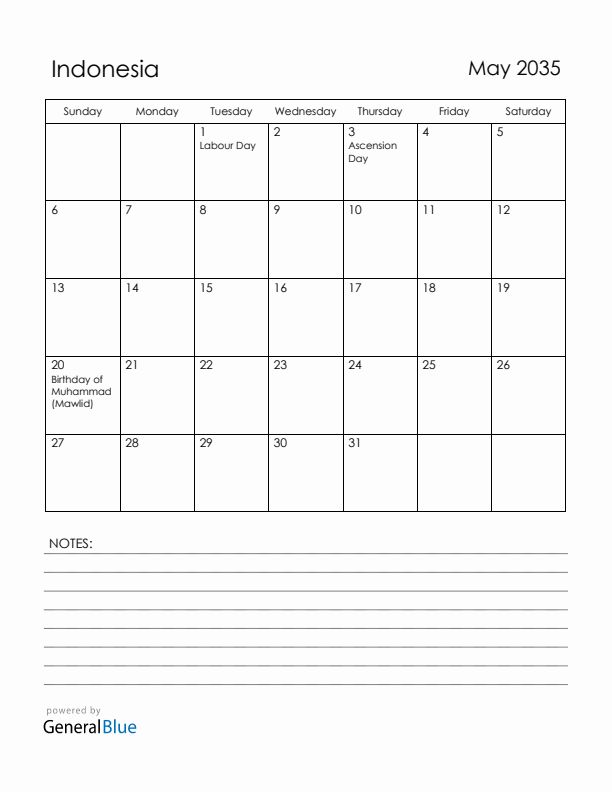 May 2035 Indonesia Calendar with Holidays (Sunday Start)