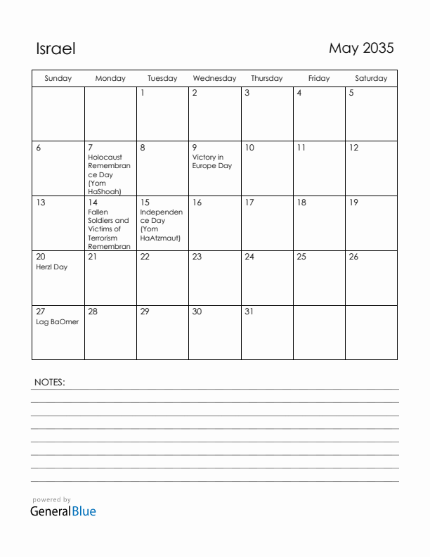 May 2035 Israel Calendar with Holidays (Sunday Start)