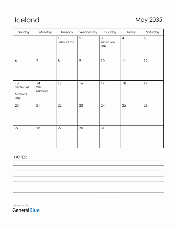 May 2035 Iceland Calendar with Holidays (Sunday Start)