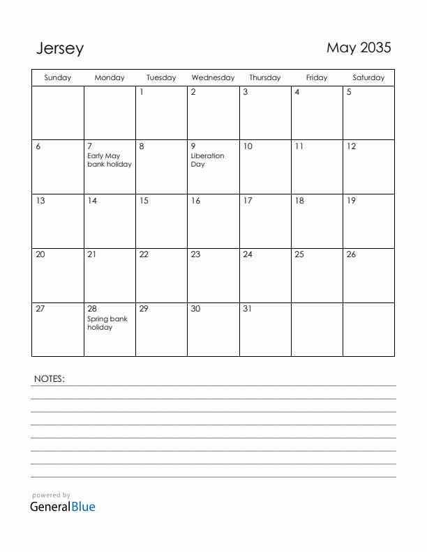 May 2035 Jersey Calendar with Holidays (Sunday Start)