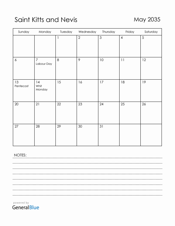 May 2035 Saint Kitts and Nevis Calendar with Holidays (Sunday Start)