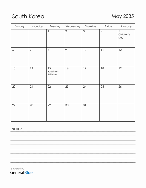 May 2035 South Korea Calendar with Holidays (Sunday Start)