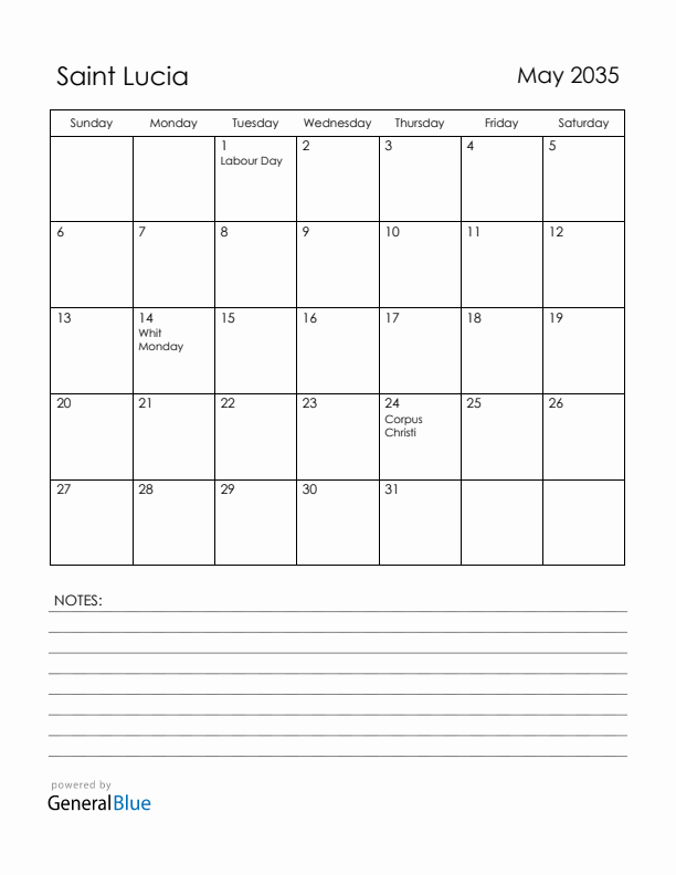 May 2035 Saint Lucia Calendar with Holidays (Sunday Start)