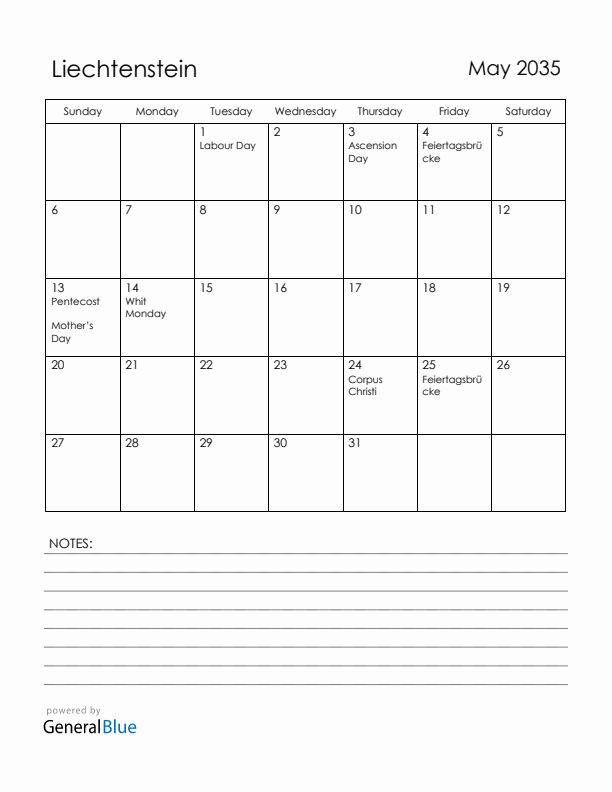 May 2035 Liechtenstein Calendar with Holidays (Sunday Start)