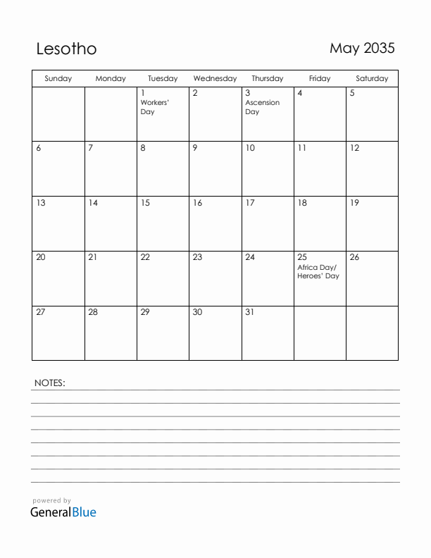May 2035 Lesotho Calendar with Holidays (Sunday Start)