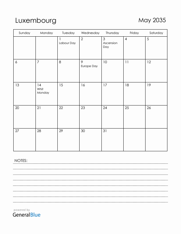 May 2035 Luxembourg Calendar with Holidays (Sunday Start)