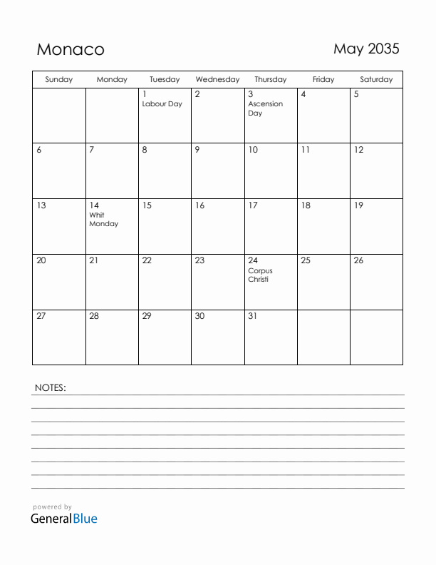 May 2035 Monaco Calendar with Holidays (Sunday Start)