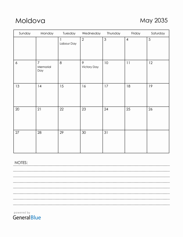 May 2035 Moldova Calendar with Holidays (Sunday Start)