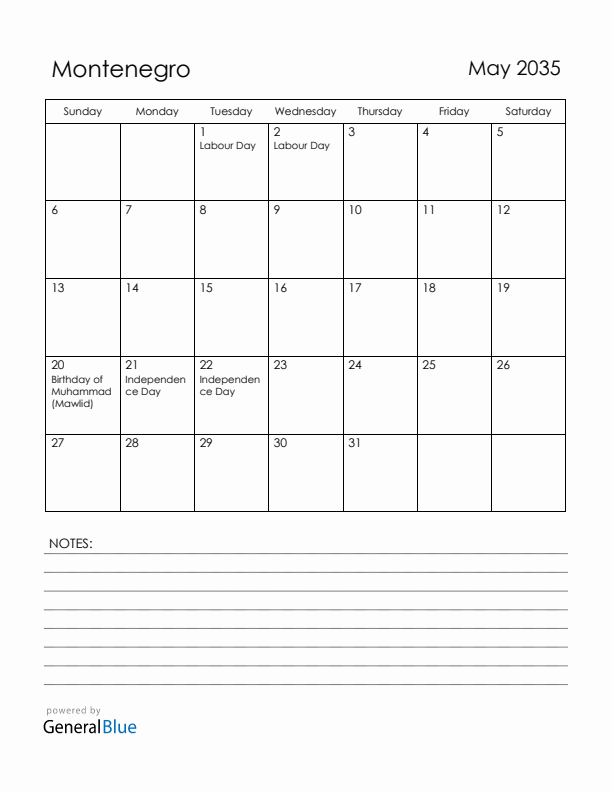 May 2035 Montenegro Calendar with Holidays (Sunday Start)