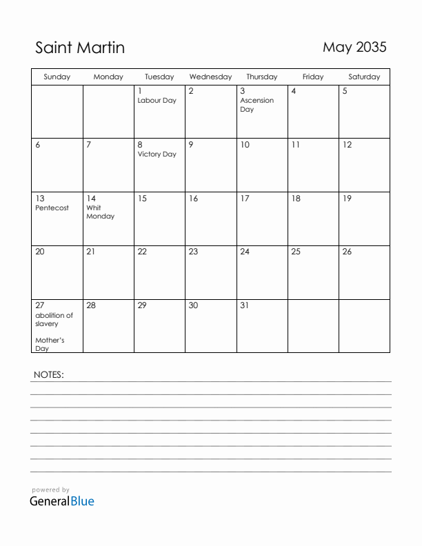 May 2035 Saint Martin Calendar with Holidays (Sunday Start)