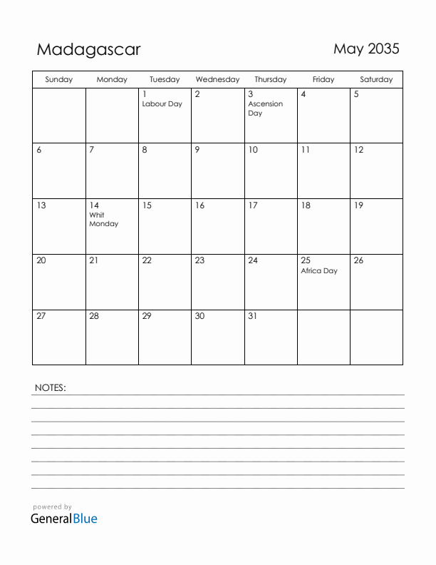 May 2035 Madagascar Calendar with Holidays (Sunday Start)