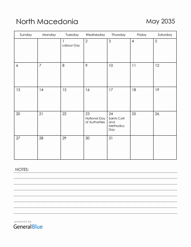 May 2035 North Macedonia Calendar with Holidays (Sunday Start)