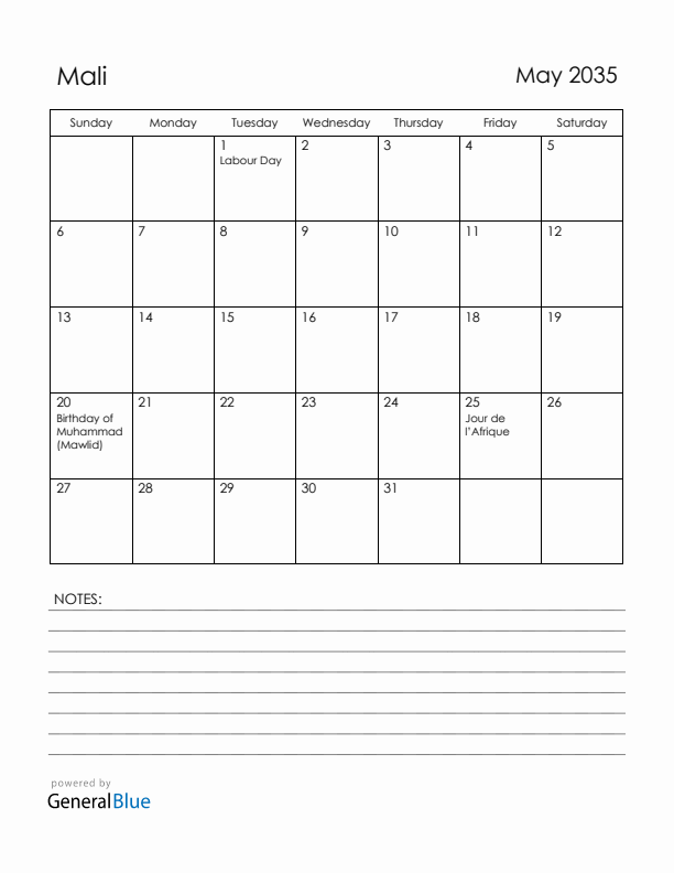 May 2035 Mali Calendar with Holidays (Sunday Start)