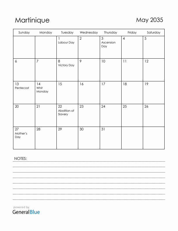 May 2035 Martinique Calendar with Holidays (Sunday Start)