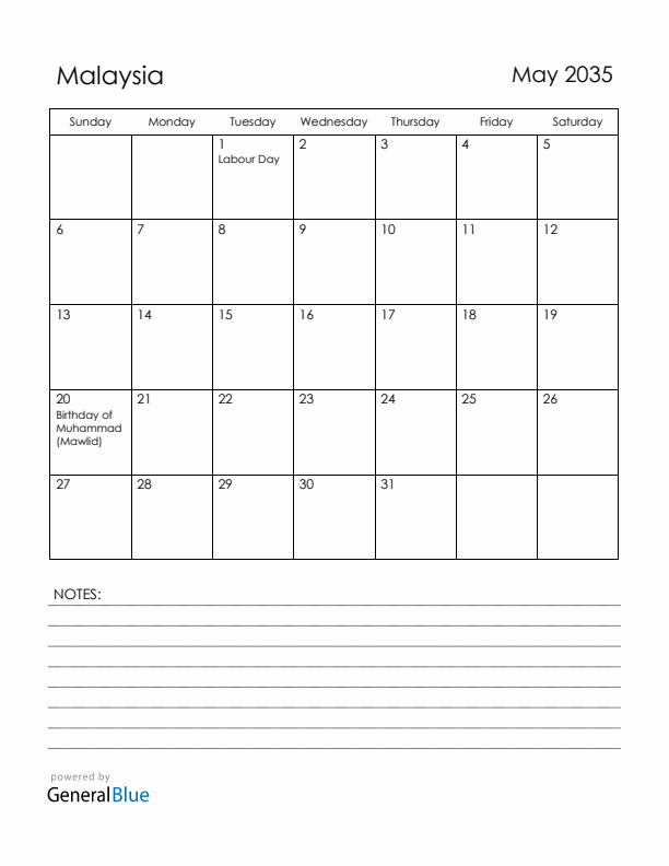 May 2035 Malaysia Calendar with Holidays (Sunday Start)
