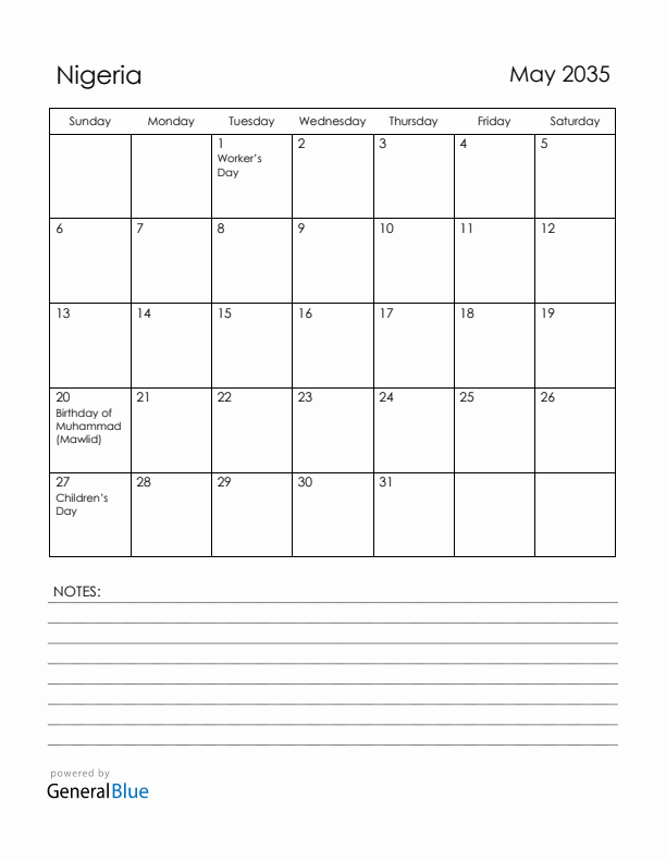 May 2035 Nigeria Calendar with Holidays (Sunday Start)